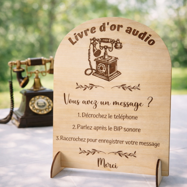 Panneau mariage livre d’or audio avec téléphone vintage panneau livre d’or audio mariage avec téléphone vintage décoration bois