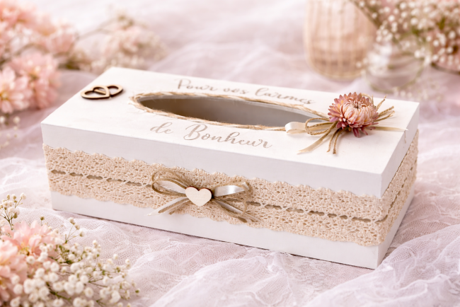 Boîte à mouchoirs mariage champêtre bohème – Larmes de bonheur Boîte à mouchoirs mariage blanche style champêtre bohème avec dentelle, fleur séchée et inscription Pour vos larmes de bonheur