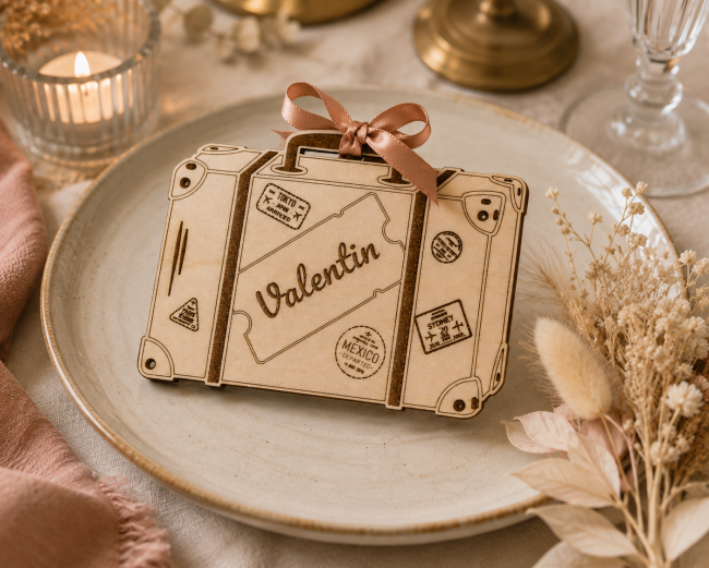 Porte-nom mariage valise personnalisé en bois – Thème voyage Porte-nom mariage en bois personnalisé en forme de valise thème voyage gravé au prénom de l'invité