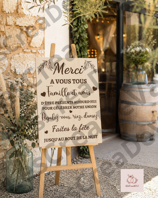 Panneau remerciement mariage en bois à l'entrée de la réception