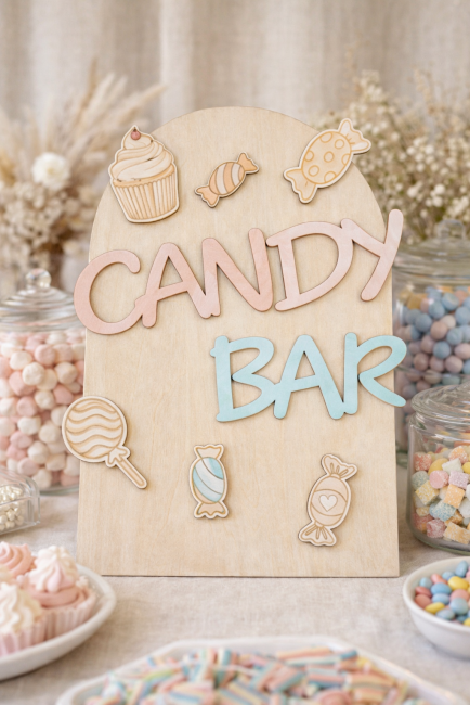 Panneau Candy Bar bois mariage élégant panneau candy bar bois decoration mariage chic naturel