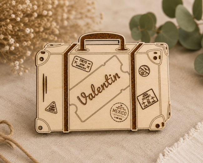 Porte-nom mariage valise personnalisé en bois – Thème voyage Porte-nom mariage en bois personnalisé en forme de valise posé sur une assiette – thème voyage
