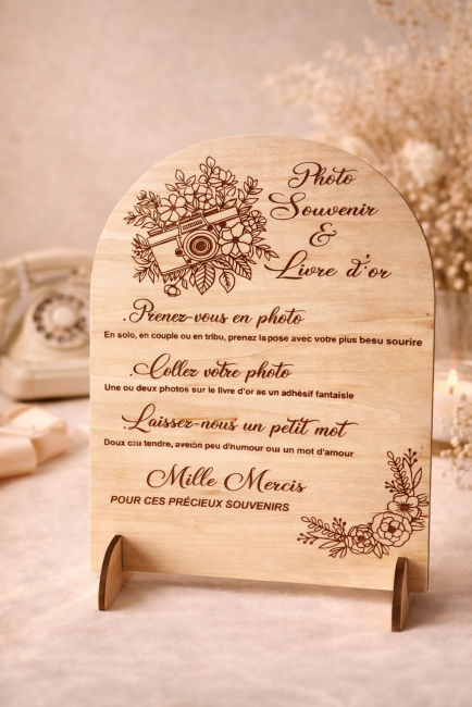 Panneau mariage bois photobooth et livre d’or décoration élégante panneau bois photobooth et livre d’or mariage avec gravure florale décoration romantique