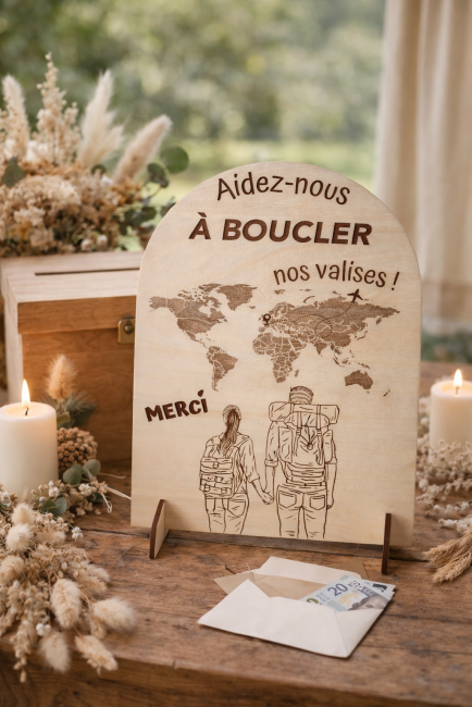 panneau mariage bois cagnotte voyage enveloppe argent table bois