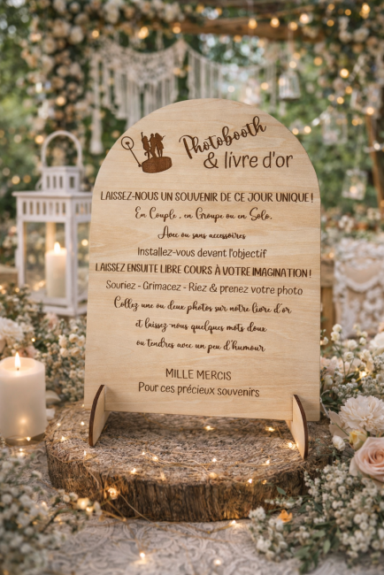 Panneau photobooth mariage bois gravé en décoration de réception avec bougies et guirlandes lumineuses