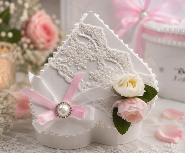 Détail boîte à alliances cœur avec dentelle blanche, fleurs roses, perles et rubans satin