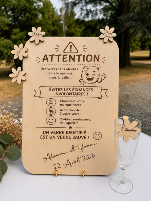 Panneau mariage humoristique pour marque-verres personnalisés en bois Panneau humoristique mariage en bois pour marque-verres personnalisés avec fleurs gravées et verre personnalisé