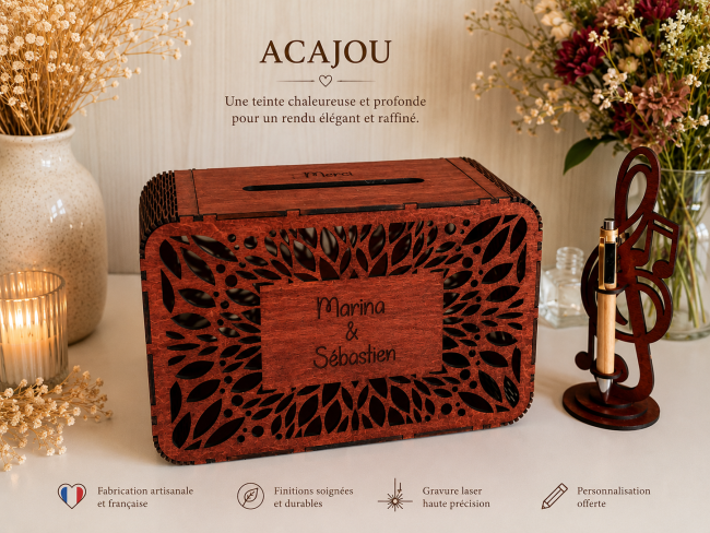 Urne mariage en bois finition acajou personnalisable Urne de mariage personnalisée finition acajou – fabrication artisanale française