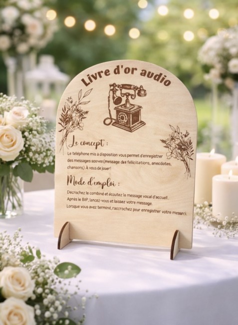 panneau livre d’or audio mariage bois sur table décorée fleurs blanches extérieur