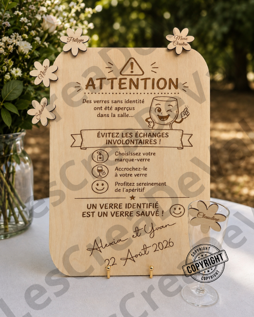 Panneau humoristique mariage en bois pour marque-verres personnalisés avec fleurs gravées et verre personnalisé
