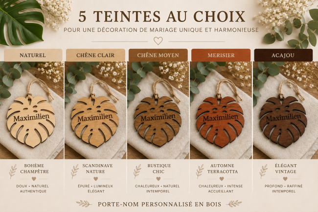 Cinq teintes de porte-noms Monstera personnalisés en bois Porte-nom Monstera personnalisé en bois disponible en cinq teintes