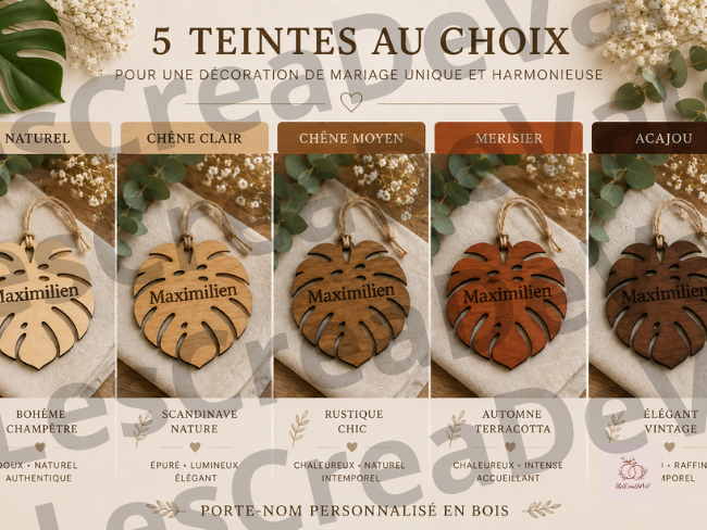 Porte-nom Monstera personnalisé en bois disponible en cinq teintes