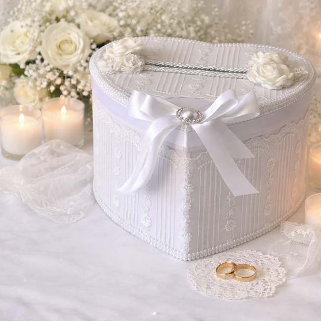 Décoration romantique de l’urne Chanelle Urne de mariage Chanelle avec dentelle blanche, fleurs et ruban de satin
