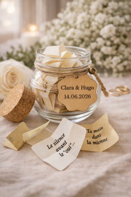 pot mariage ouvert personnalisé prénoms et date avec 30 messages