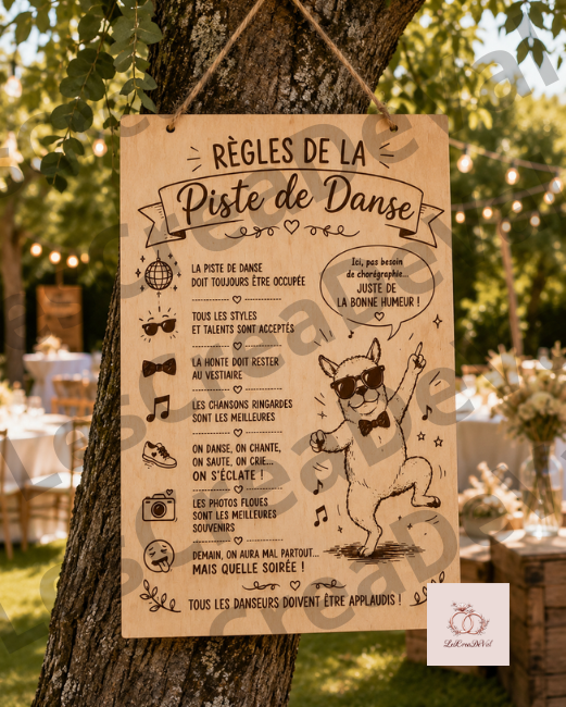 Panneau mariage Règles de la piste de danse avec chien danseur suspendu à un arbre lors d'un mariage en extérieur