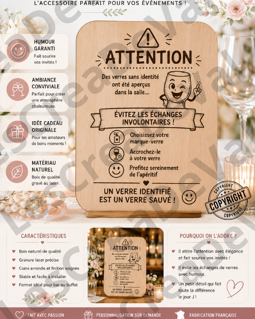 Panneau humoristique en bois gravé pour bar de réception, mariage et cocktail avec marque-verres