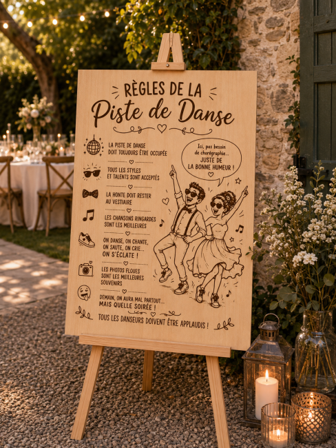 Panneau mariage couple de mariés sur chevalet Panneau en bois Règles de la piste de danse avec illustration d'un couple de mariés danseurs présenté sur un chevalet
