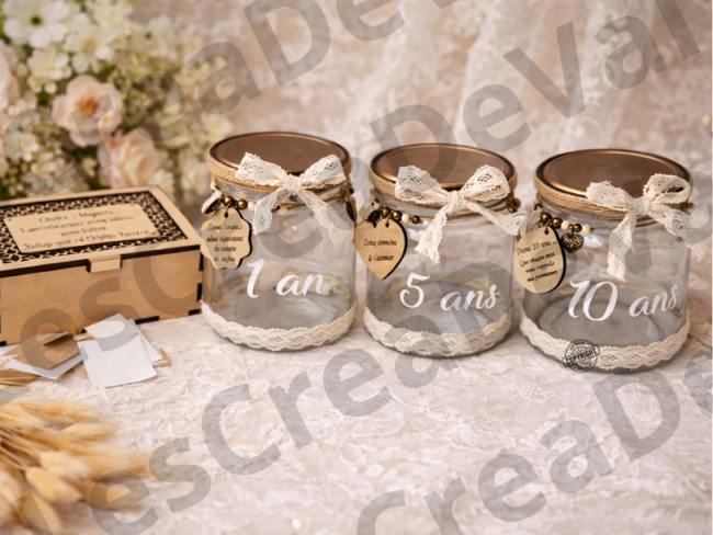 Coffret livre d'or mariage avec pots à messages et cartes souvenirs