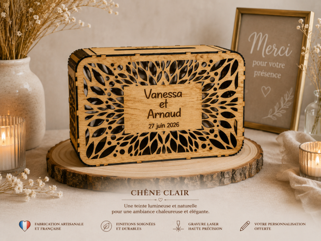 Urne mariage en bois finition chêne clair personnalisable Urne de mariage personnalisée finition chêne clair – fabrication artisanale française