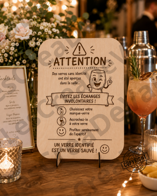 Panneau humoristique marque-verre en bois gravé présenté sur un comptoir à cocktails de mariage