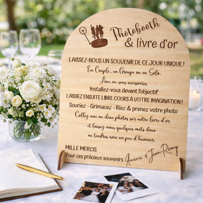 Panneau photobooth mariage personnalisé en bois avec livre d’or et stylo ambiance mariage élégant