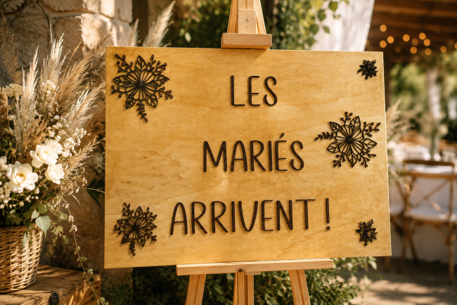 panneau-les-maries-arrivent-bois-relief Panneau en bois « Les mariés arrivent » avec lettres en relief et fleurs décoratives pour mariage bohème