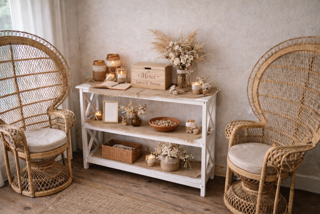 Console mariage champêtre avec fleurs séchées – Location décoration bohème à Toulouse Console blanche mariage décorée toile de jute et fleurs séchées – ambiance champêtre bohème