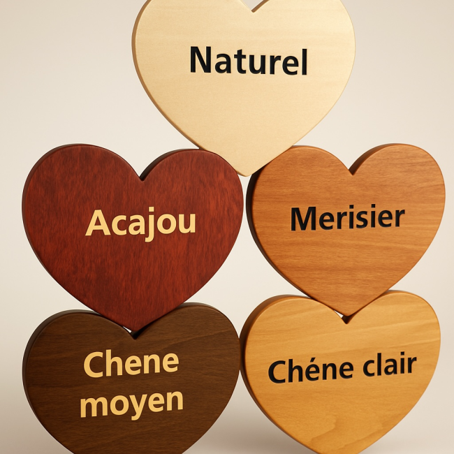 Choisissez la couleur de votre urne de mariage personnalisée Nuancier des 5 finitions de l'urne de mariage personnalisée : naturel, chêne clair, chêne moyen, merisier et acajou