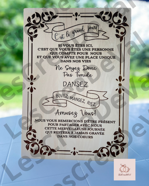Panneau remerciement aux invités mariage en bois gravé