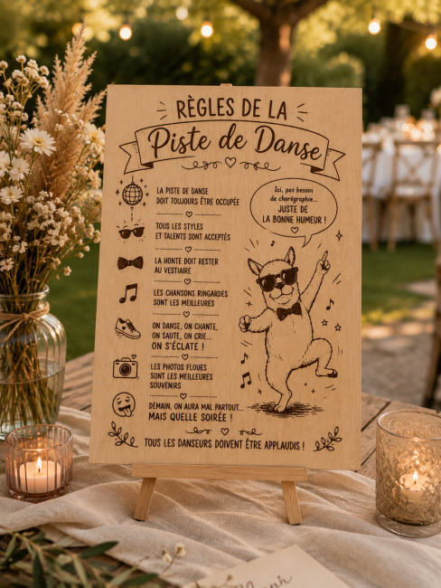 Panneau Règles de la piste de danse en bois avec chien danseur présenté sur un petit chevalet dans une décoration de mariage