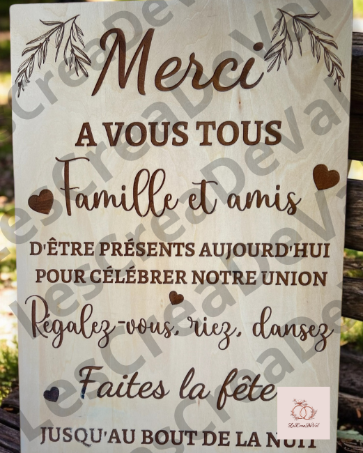 Panneau de remerciement mariage gravé en bois personnalisé