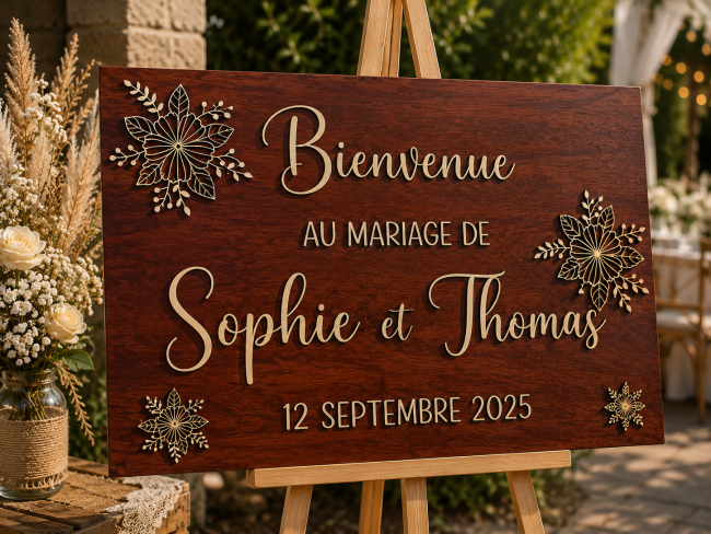 panneau-bienvenue-bois-acajou Panneau de bienvenue mariage personnalisé en bois teinte acajou avec lettres en relief