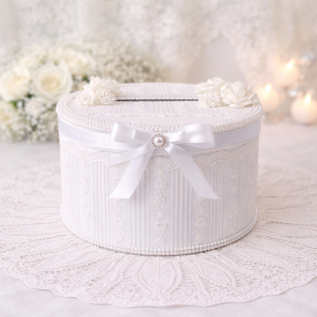 Urne ronde blanche Chanelle – vue de face Vue de face de l’urne ronde blanche Chanelle avec nœud en satin