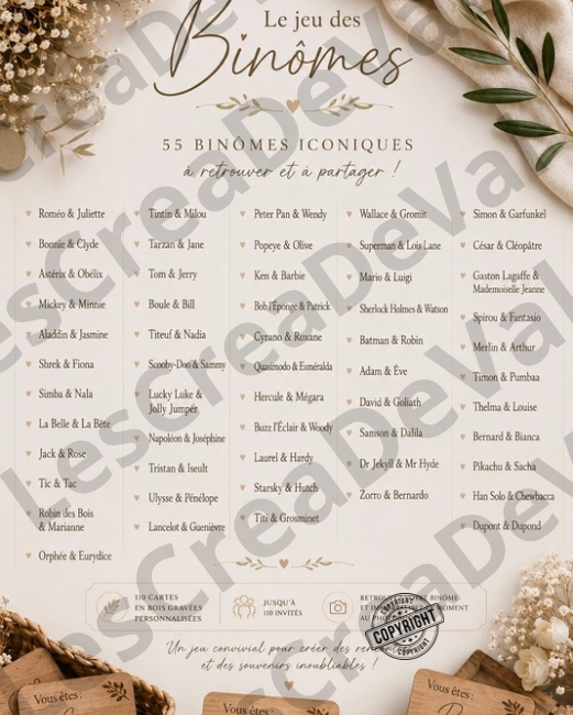 Tableau récapitulatif des binômes pour mariage Liste des binômes mariage à imprimer pour animation et placement des invités