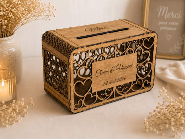 Urne mariage personnalisée finition chêne clair Urne de mariage personnalisée en bois finition chêne clair avec motif cœurs