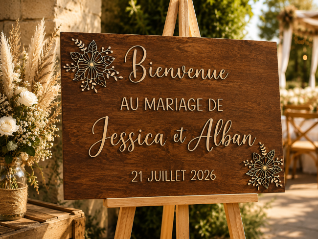 panneau-bienvenue-mariage-bois-teinte-foncee Panneau de bienvenue mariage personnalisé en bois teinte foncée avec lettres en relief – Jessica et Alban