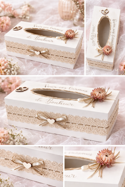 Boîte à mouchoirs mariage romantique avec dentelle et cœur Boîte à mouchoirs en bois blanc décorée de dentelle beige, cœur en bois et fleur rose pour mariage