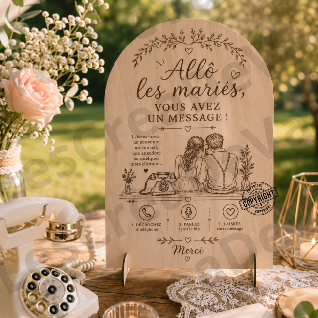 Panneau livre d’or vocal mariage avec téléphone rétro 40 x 30 cm