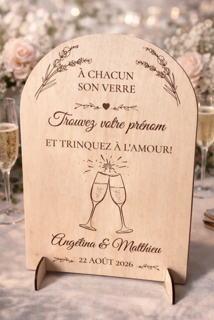 panneau mariage personnalisé bois marque-verres fleurs roses