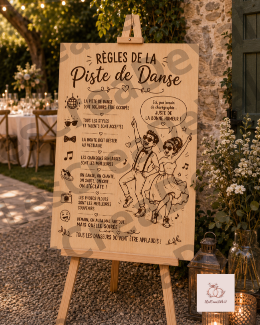 Panneau en bois Règles de la piste de danse avec illustration d'un couple de mariés danseurs présenté sur un chevalet