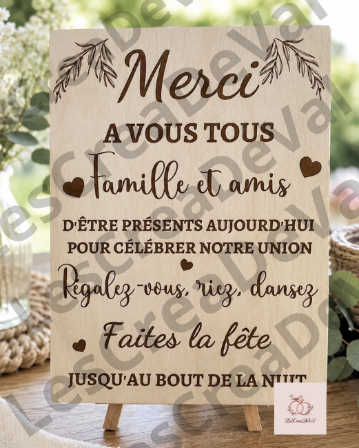 Panneau remerciement mariage en bois gravé famille et amis