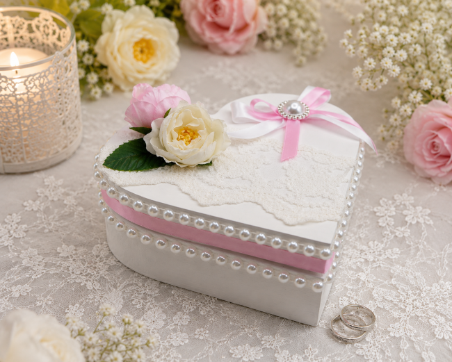 Boîte à alliances cœur personnalisable blanche et rose avec dentelle, perles et fleurs