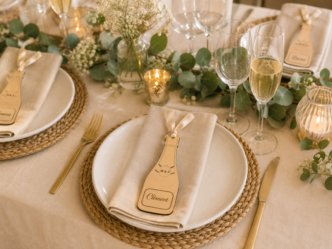 Décoration de table de mariage avec porte-nom en bois bouteille de champagne personnalisé et ruban satin
