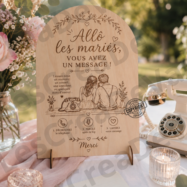 Panneau téléphone livre d’or mariage Allô les mariés en bois