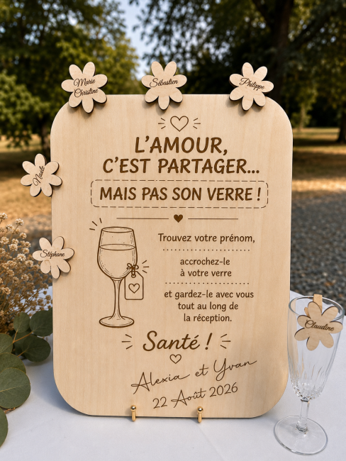 Panneau mariage personnalisé en bois – L'amour c'est partager mais pas son verre Panneau mariage en bois personnalisé avec message humoristique et marque-verres fleurs gravés pour invités