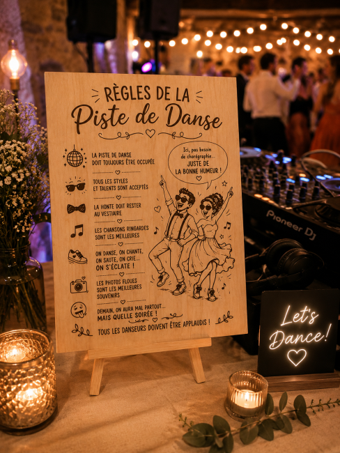 Panneau piste de danse sur petit chevalet Panneau en bois Règles de la piste de danse avec couple de mariés danseurs présenté sur un petit chevalet de table