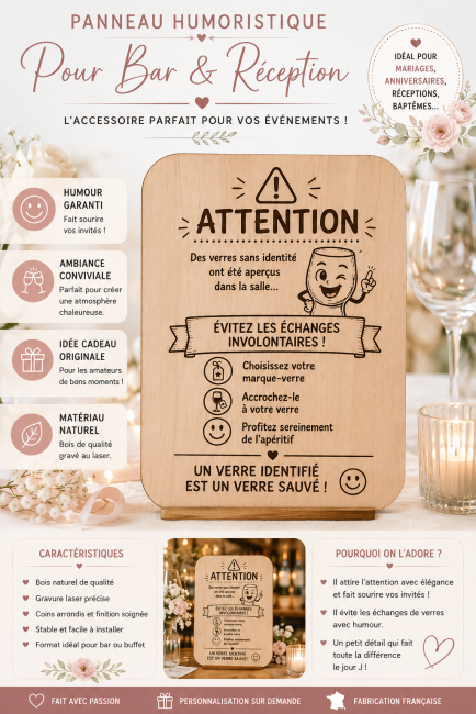 Panneau humoristique en bois gravé pour bar de réception, mariage et cocktail avec marque-verres