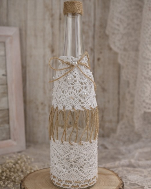 Location de bouteille décorative 75cl – Dentelle, perles & jute M5