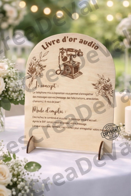 panneau livre d’or audio mariage décoration table extérieure panneau livre d’or audio mariage bois sur table décorée fleurs blanches extérieur