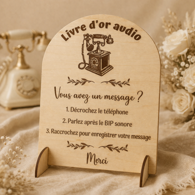 Décoration mariage panneau livre d’or audio bois panneau livre d’or audio mariage bois ambiance beige romantique